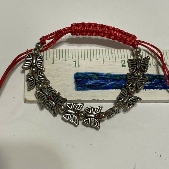 silver tone butterfly Bead red string adjustable bracelet  Anklet - Picture 6 of 6